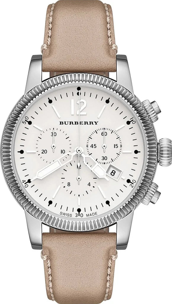 Burberry BU7816 women's chronograph watch with white dial and taupe leather strap
