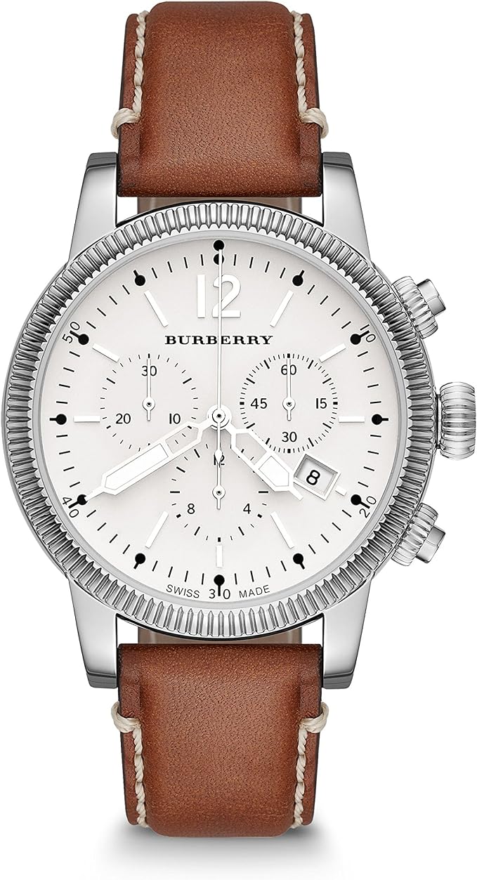 Burberry BU7817 silver stainless steel men's watch with white chronograph dial and brown leather strap