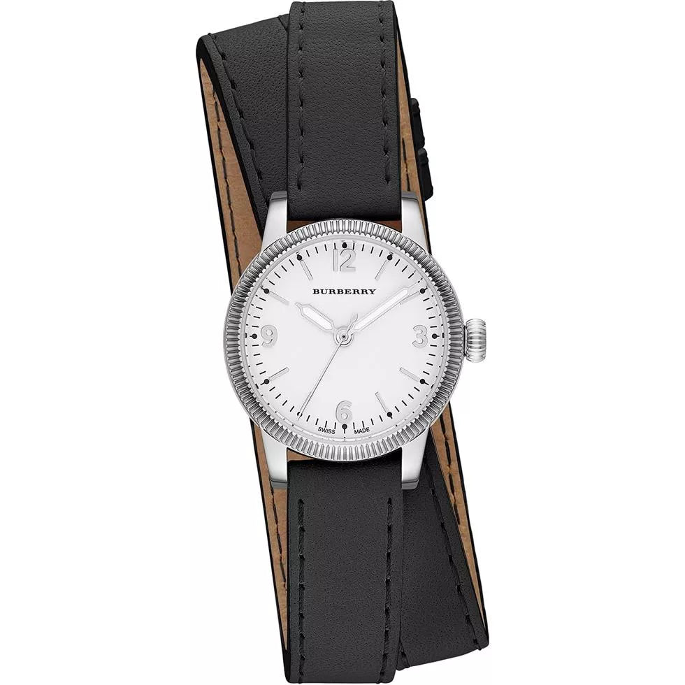 Burberry BU7845 women's watch with white dial and black leather strap