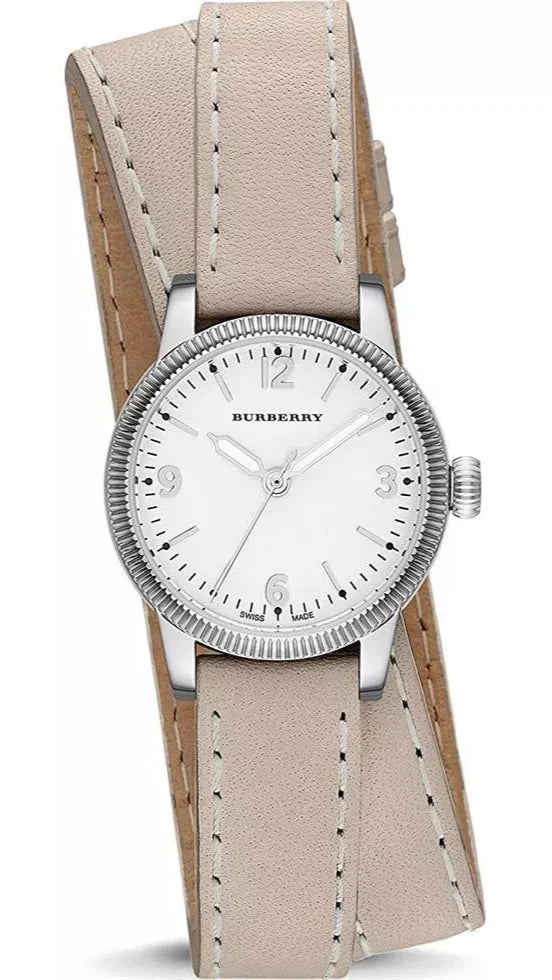 Burberry BU7847 women's watch with white dial and beige leather strap worn on wrist