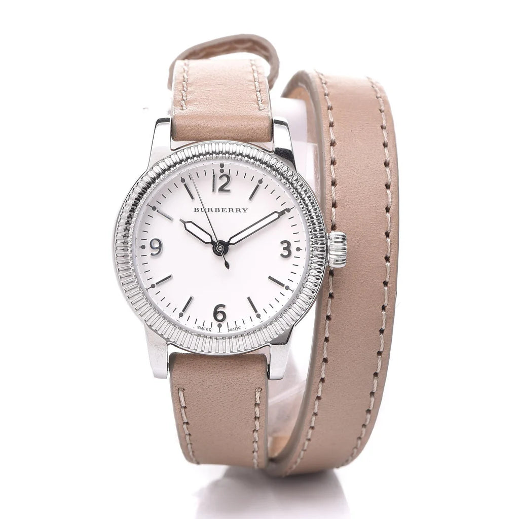 Burberry BU7847 watch with wrapped beige leather strap showing wrapped design detail