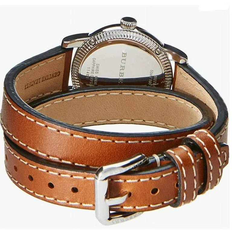 Burberry BU7848 brown leather strap with white stitching and stainless steel buckle