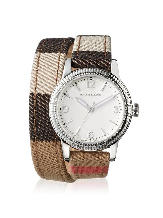 Burberry The City BU7849 watch at angle showing white dial and canvas strap detail