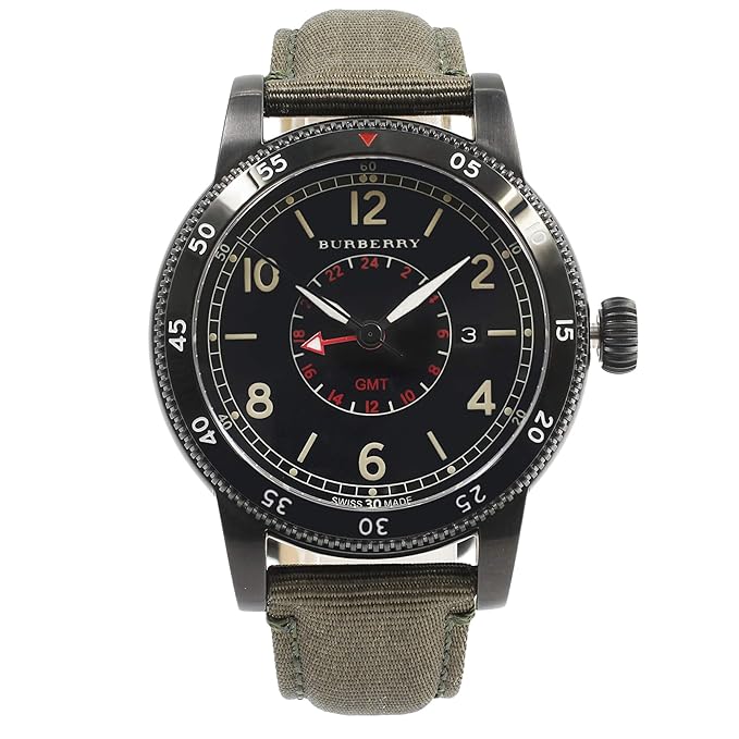 Burberry BU7855 GMT watch with black dial, cream numerals, khaki strap