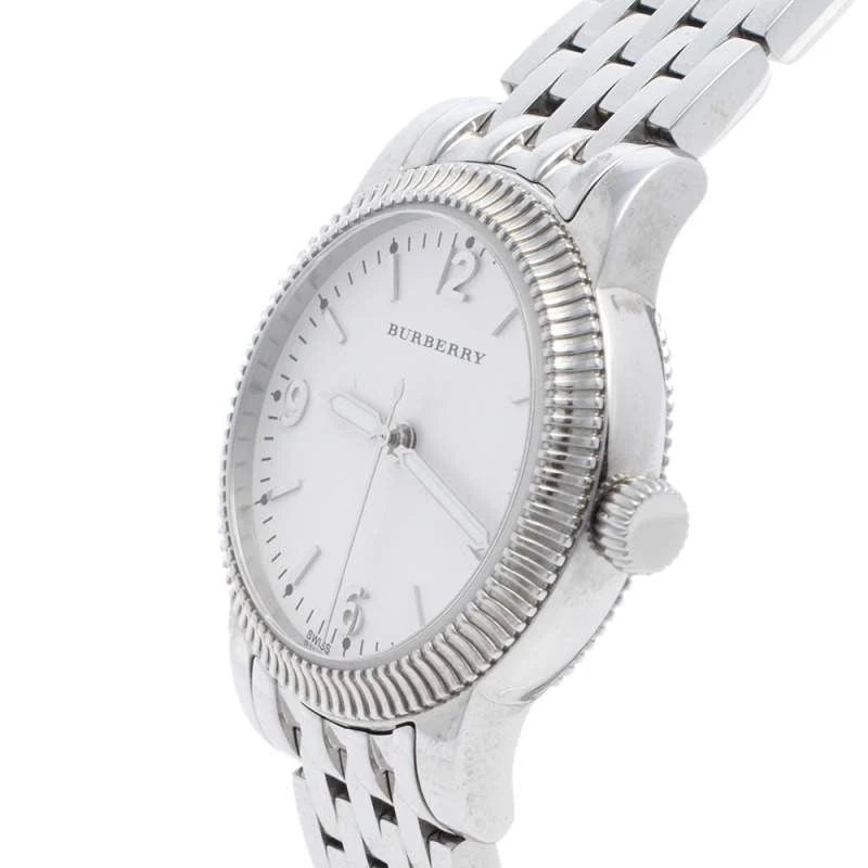 Burberry BU7856 watch angled view showing white dial and beaded bezel design