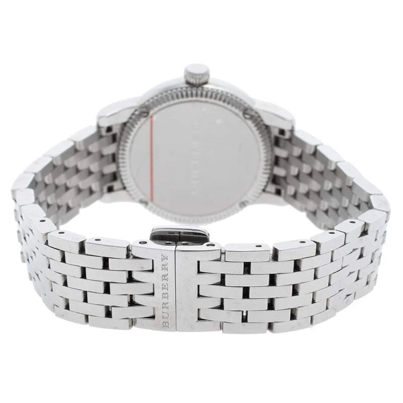 Burberry BU7856 watch side view displaying silver steel link bracelet and case profile