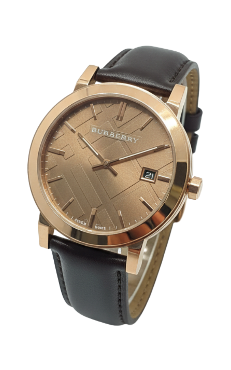 Burberry BU9013 watch three-quarter view showing rose gold case and brown leather strap