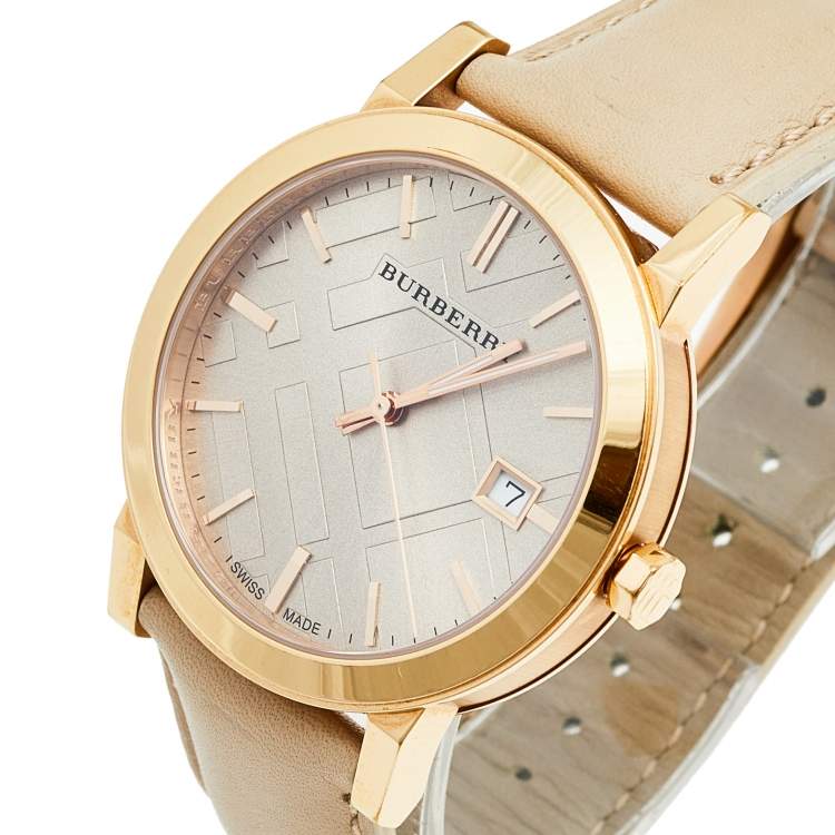 Burberry BU9014 watch angled view showing dial and leather strap with rose gold accents