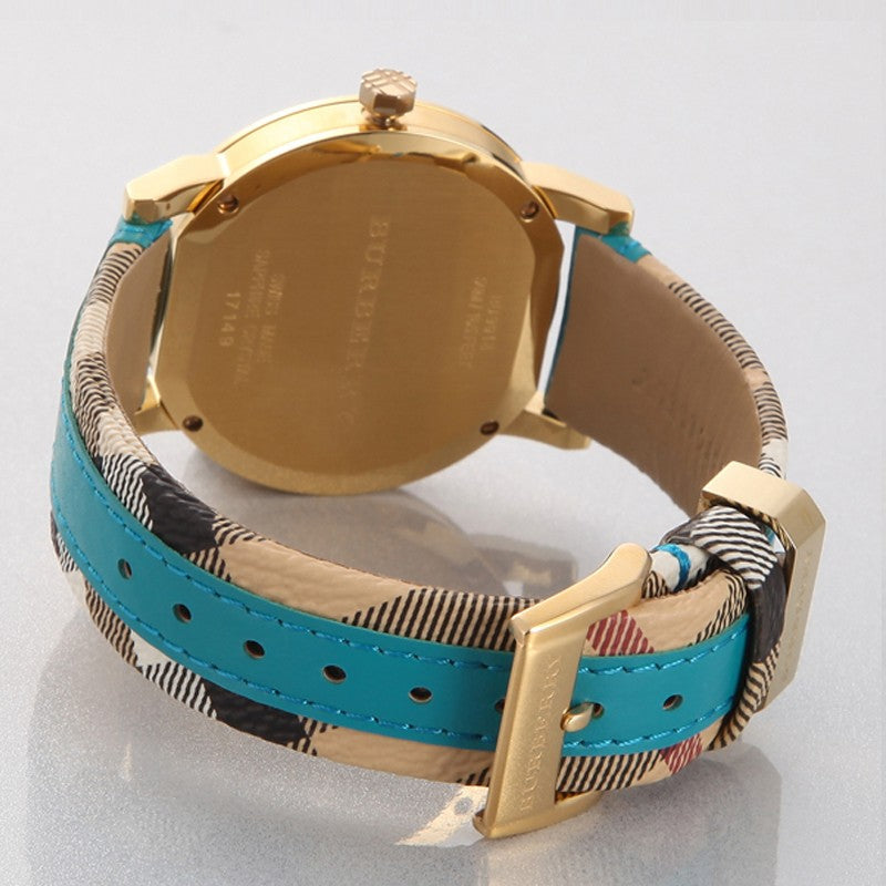 Burberry BU9018 caseback showing turquoise and striped leather band details