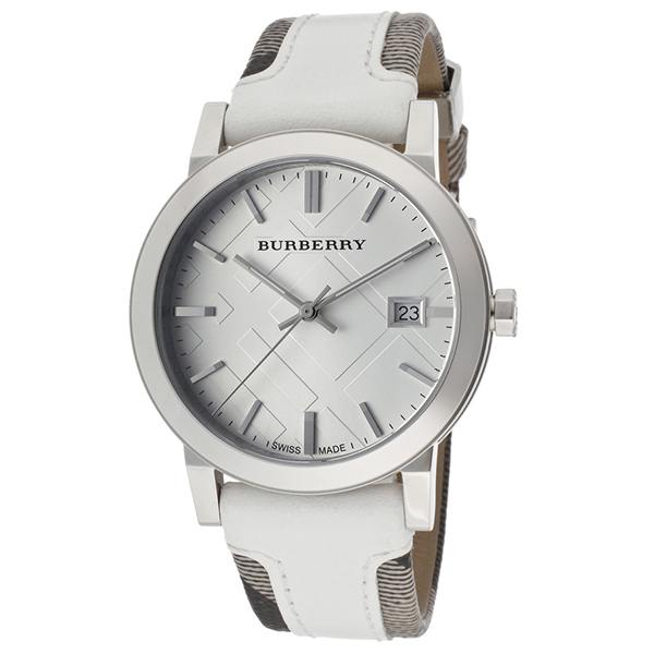 Burberry BU9019 watch with white sunray dial and white leather trench check strap
