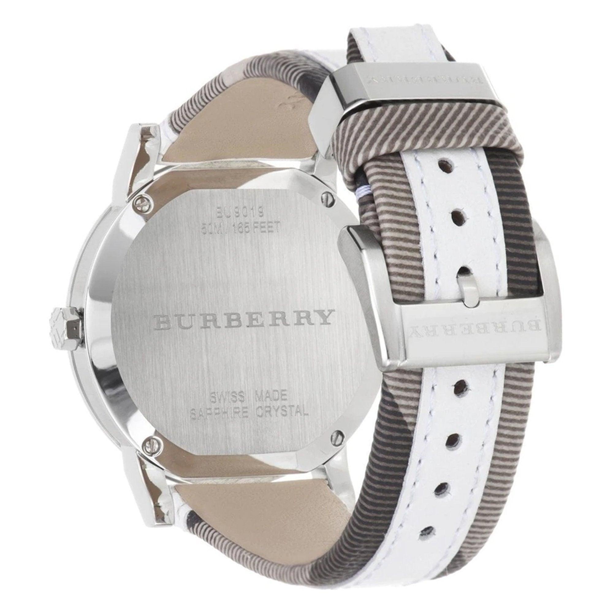 Burberry BU9019 watch caseback showing engraved branding and white leather strap detail