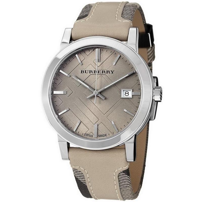 Burberry BU9021 women's watch with beige dial, silver case, and beige leather strap