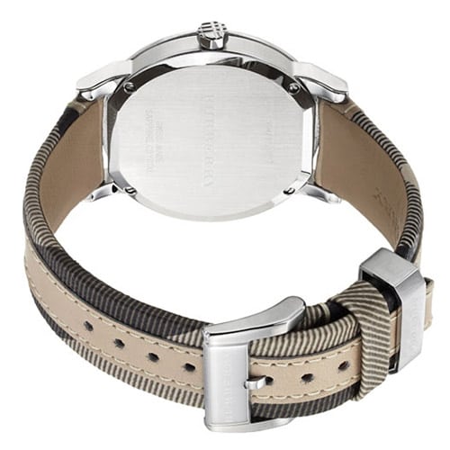 Burberry BU9021 watch caseback showing polished silver case and beige leather strap band