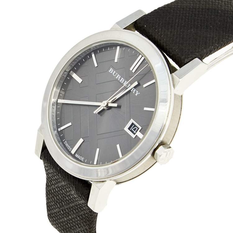 Burberry BU9024 watch angle view showing black leather strap and silver case with black dial