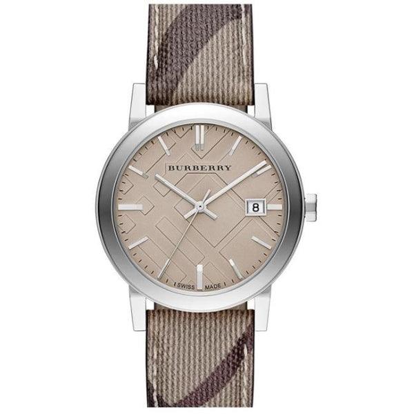 Burberry BU9029 watch with beige dial, date window, and brown checked leather strap