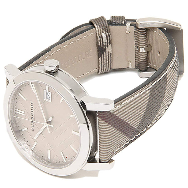 BU9029 Burberry watch angled view showing stainless steel case and checked leather strap detail