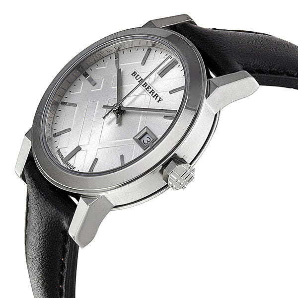 Burberry BU9106 watch on wrist showing silver dial and date window detail