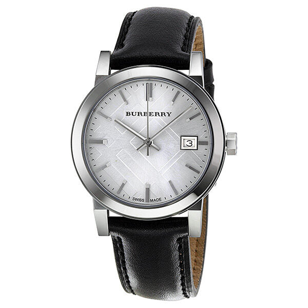 Burberry BU9106 women's watch with silver dial and black leather strap