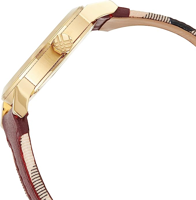 Side view of Burberry BU9111 watch showing gold-tone case profile and maroon leather strap
