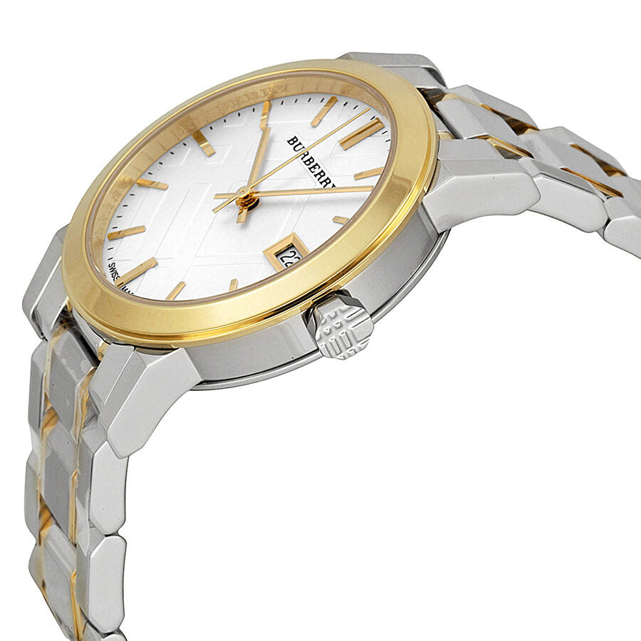 Burberry BU9115 side angle view showing two-tone bracelet and gold-tone bezel