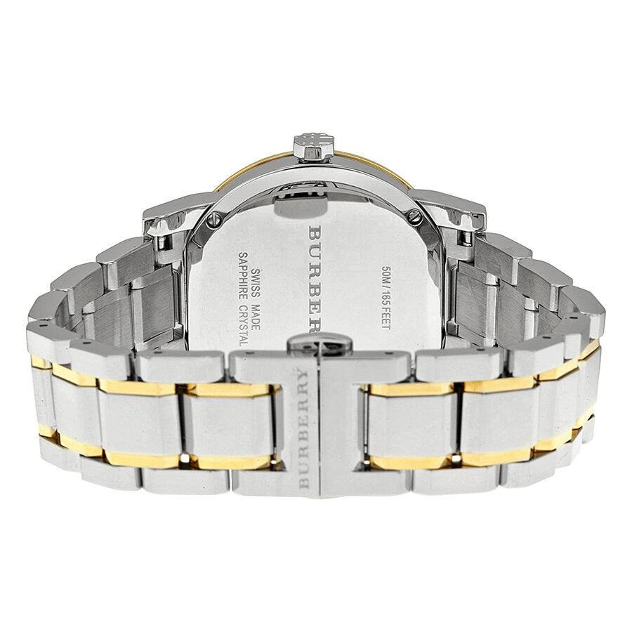 Burberry BU9115 caseback view showing two-tone silver and gold-tone bracelet