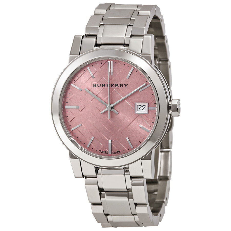 Burberry BU9124 ladies watch with pink check stamped dial, stainless steel case and bracelet