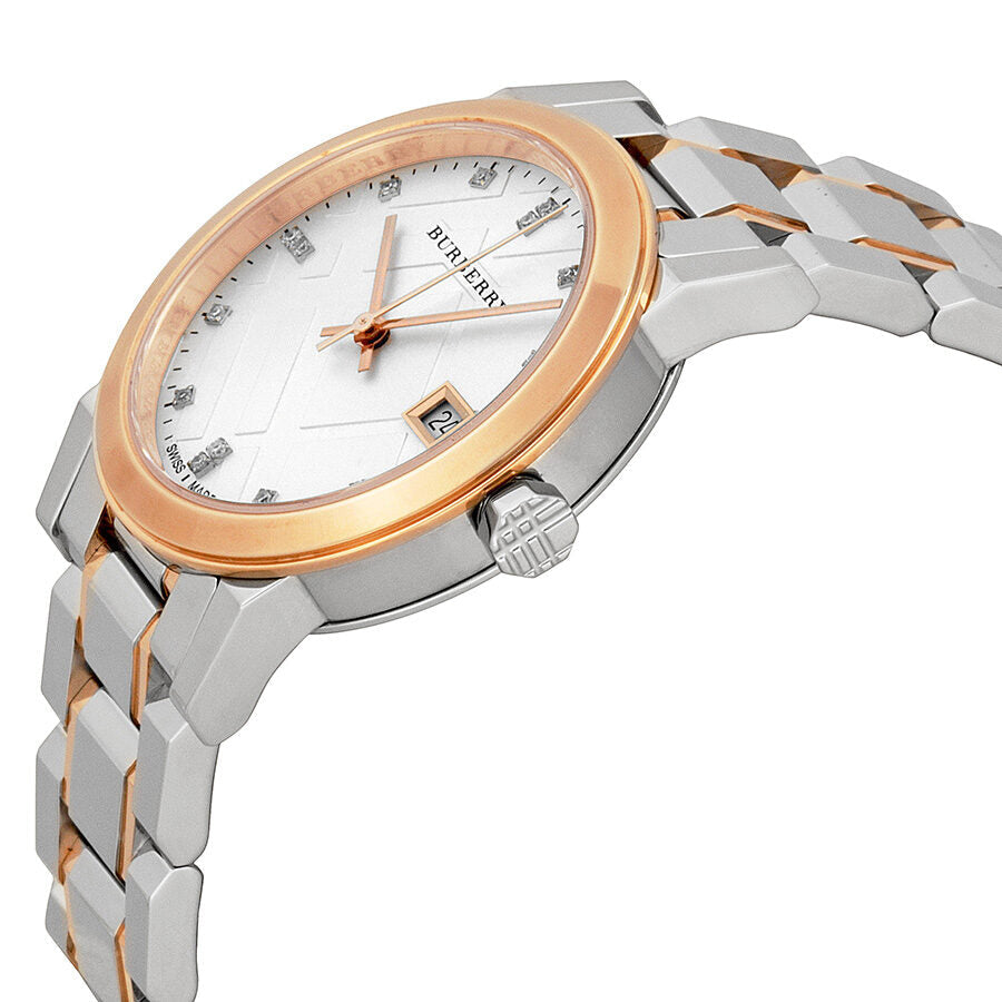 Burberry BU9127 watch angled side view showing two-tone case and rose gold accents