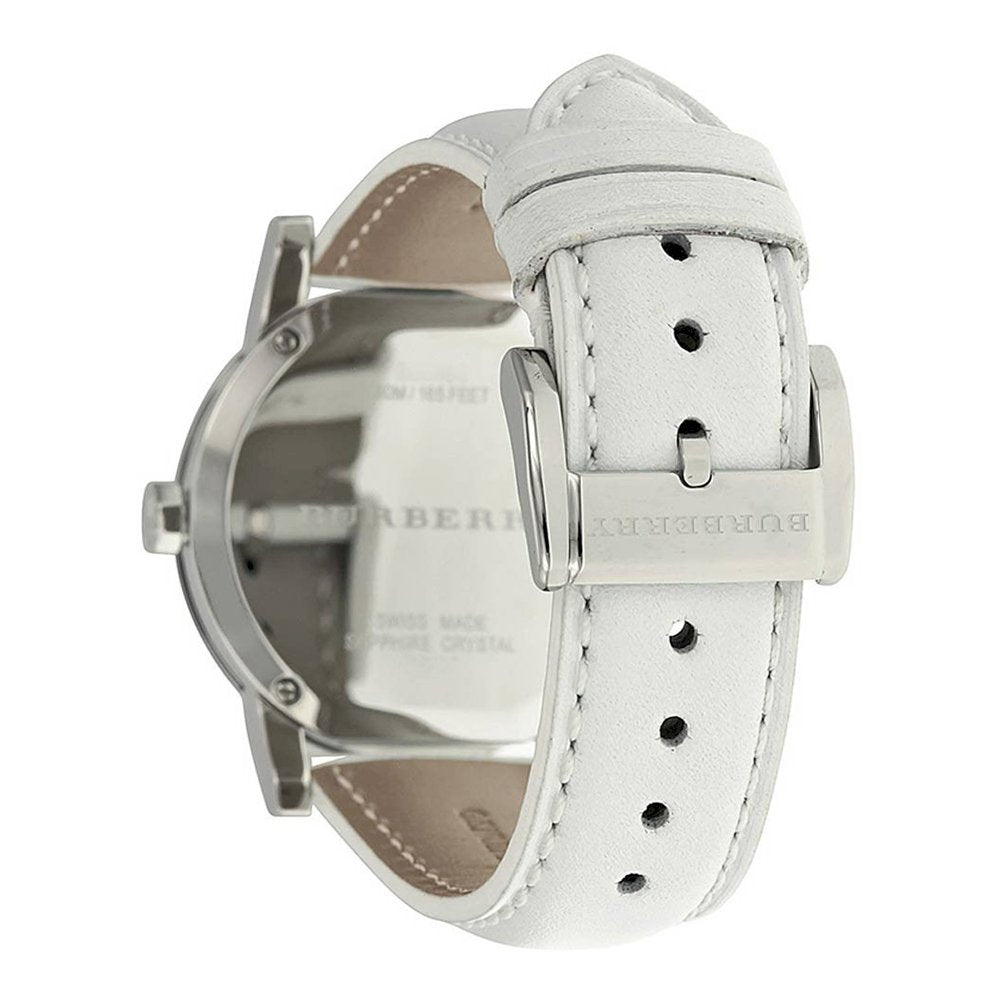 Burberry BU9128 caseback with white leather strap and buckle closure
