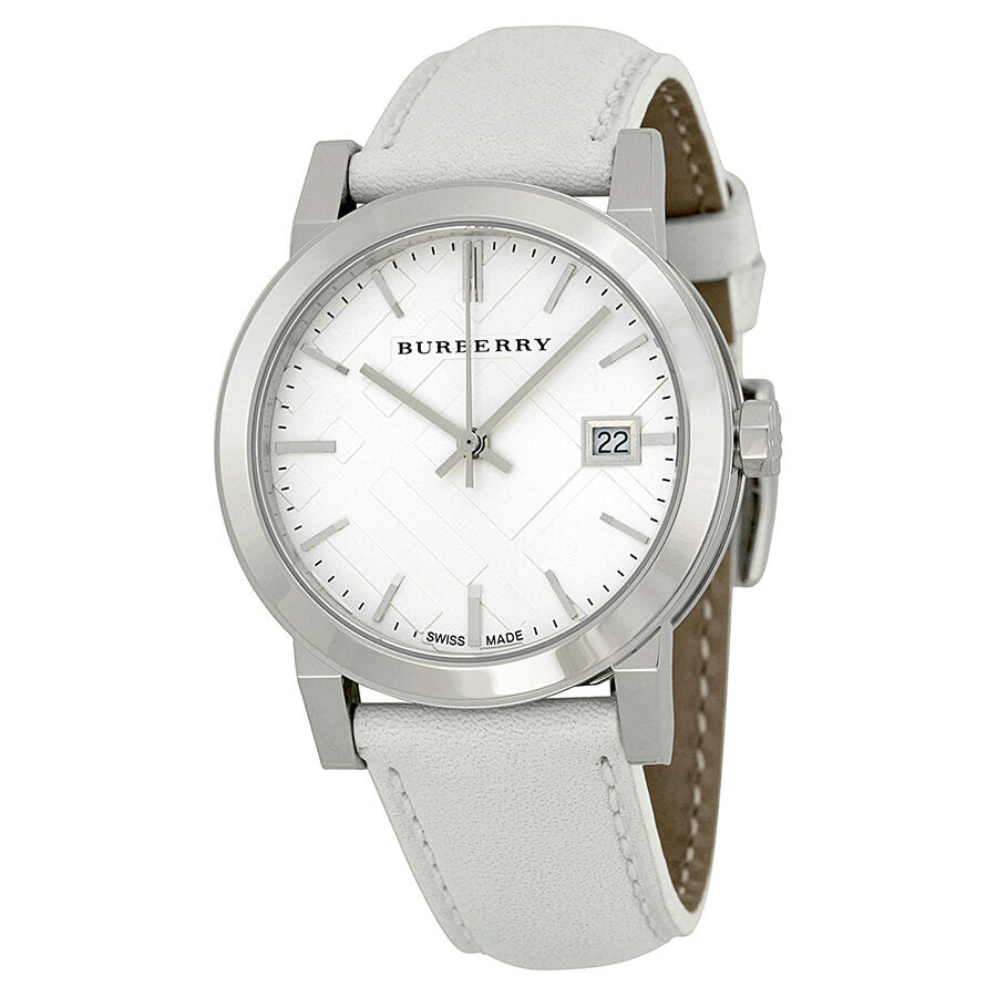 Burberry BU9128 ladies watch with white check dial and white leather strap