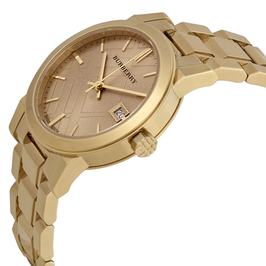 Burberry BU9134 watch angled side view showing gold-tone case and bracelet with champagne dial