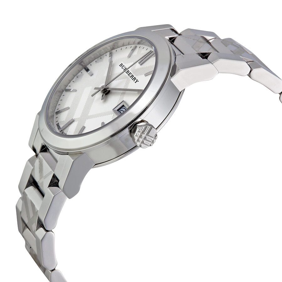Burberry BU9144 angled view showing check-pattern stainless steel bracelet and case