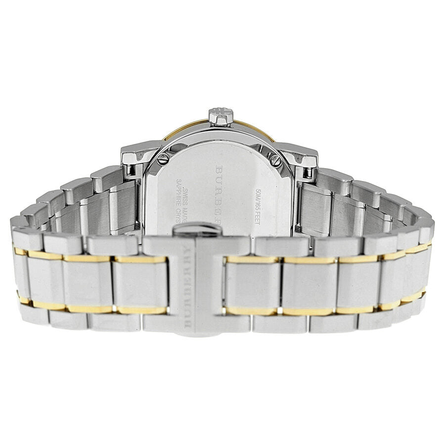 Burberry BU9217 ladies watch caseback showing two-tone stainless steel bracelet