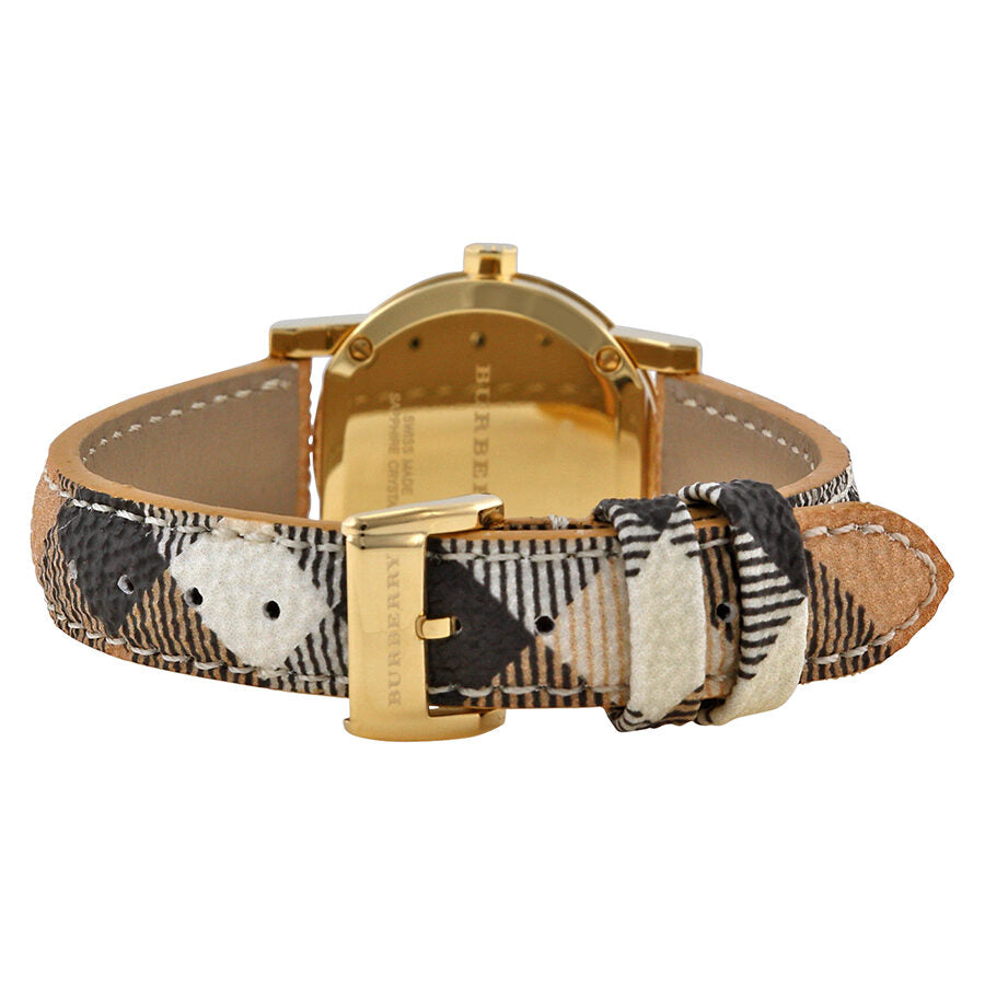 Back view of Burberry BU9219 ladies watch with exposed caseback and Haymarket check fabric strap