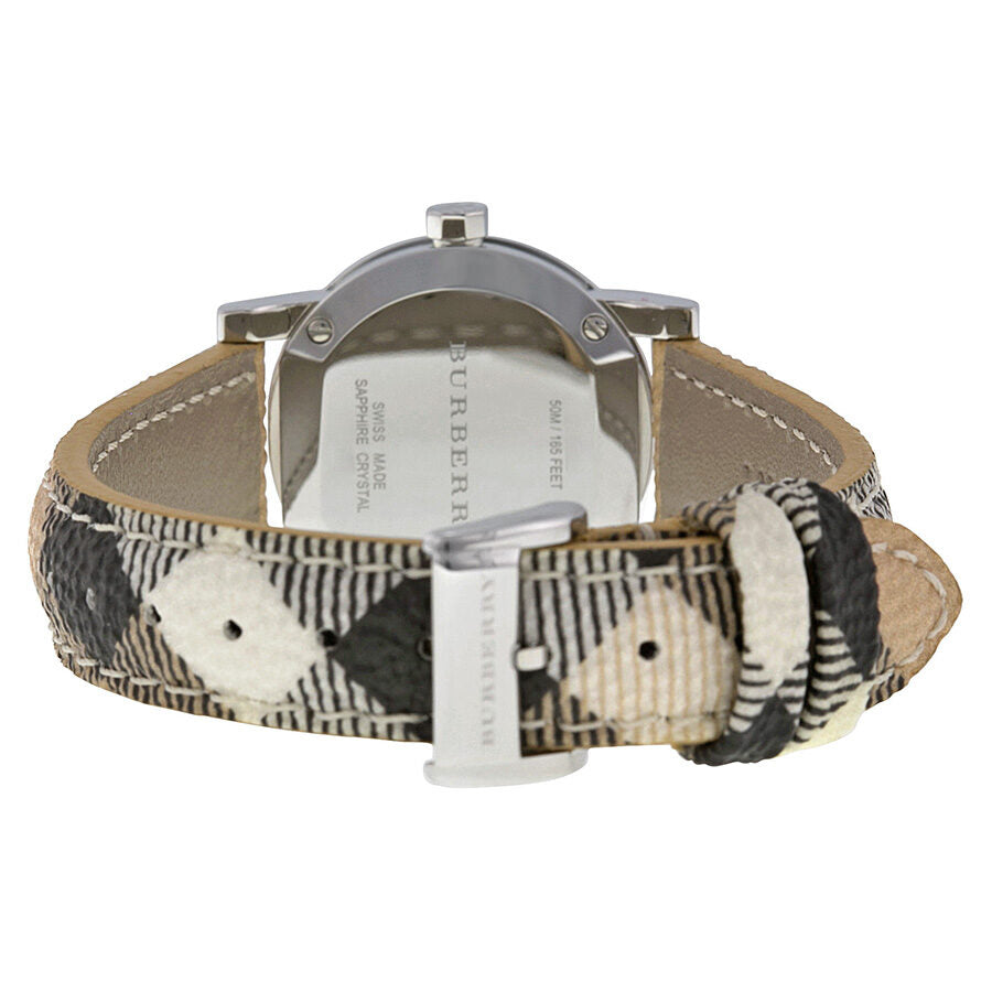 Burberry BU9222 caseback view with check fabric strap and stainless steel case back