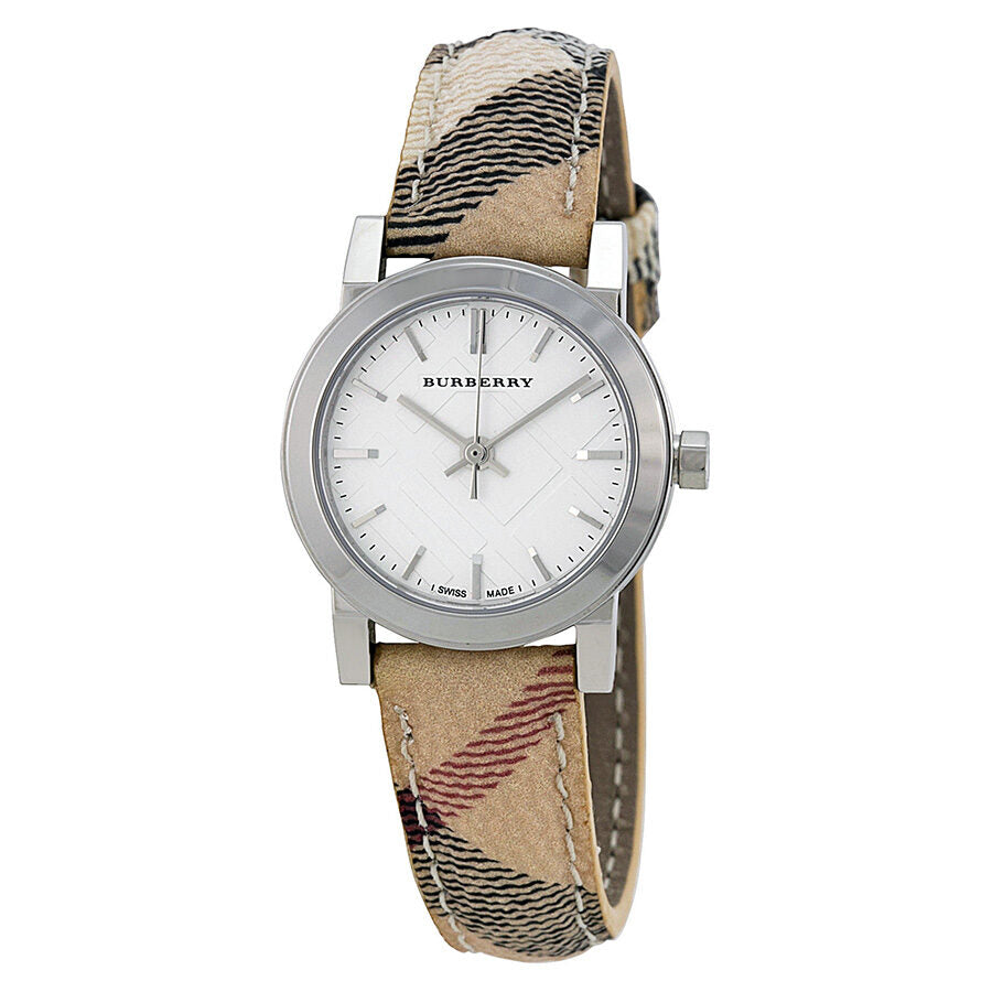 Burberry BU9222 ladies watch with silver dial and beige check fabric strap