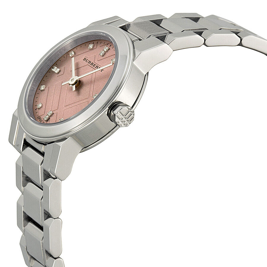Burberry BU9223 watch side profile showing stainless steel bracelet and pink diamond dial