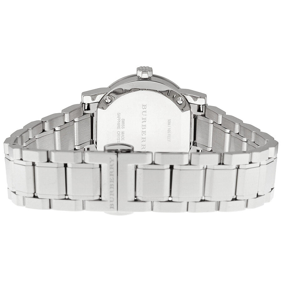 Back view of Burberry watch showing stainless steel caseback and bracelet
