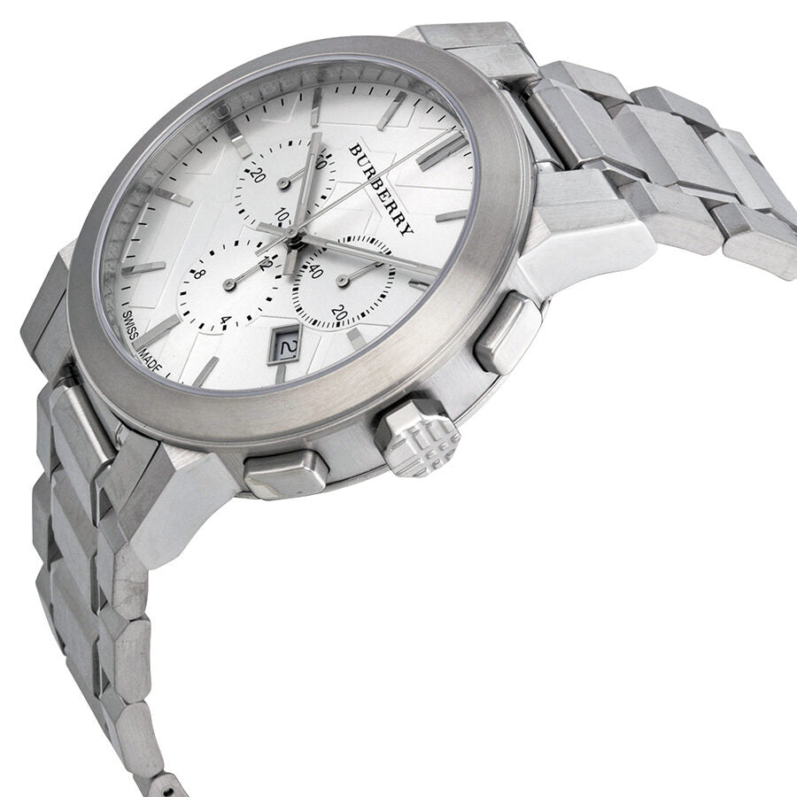 Burberry BU9350 chronograph watch angled view showing silver stainless steel bracelet