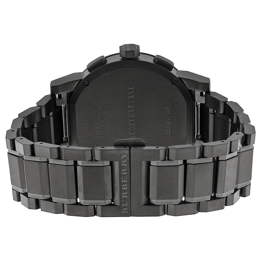 Burberry BU9354 watch caseback showing black ion-plated stainless steel case and bracelet