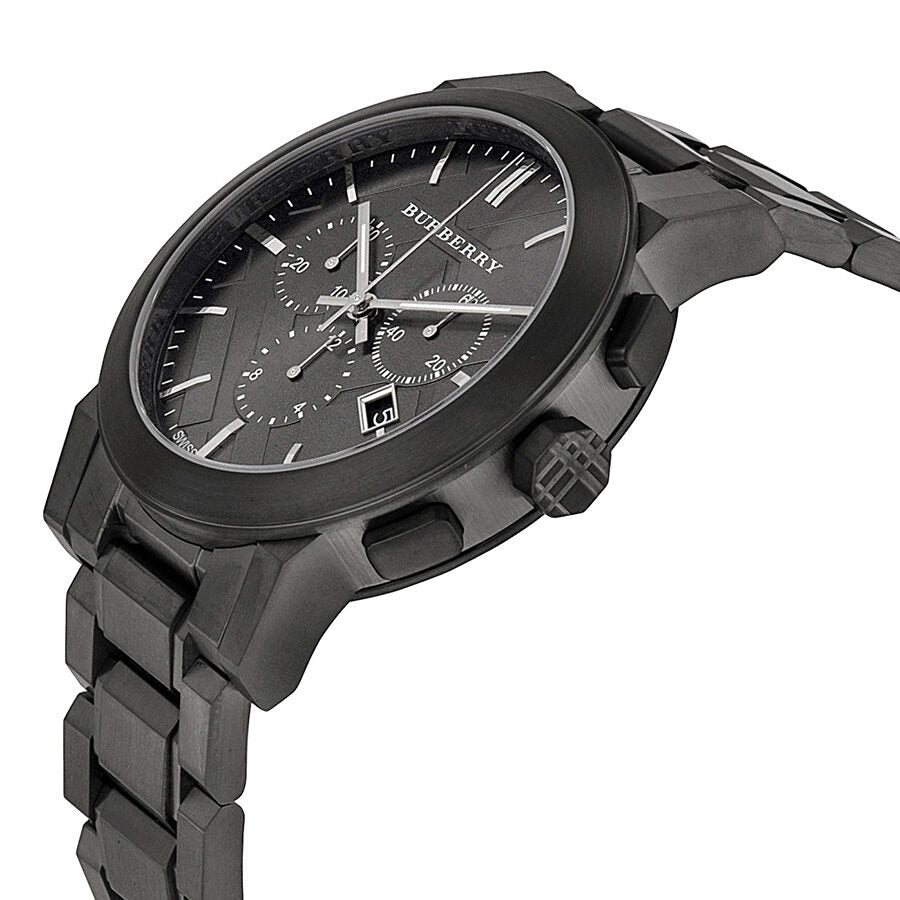 Burberry BU9354 chronograph watch shown at angle with dark grey dial and subdials visible