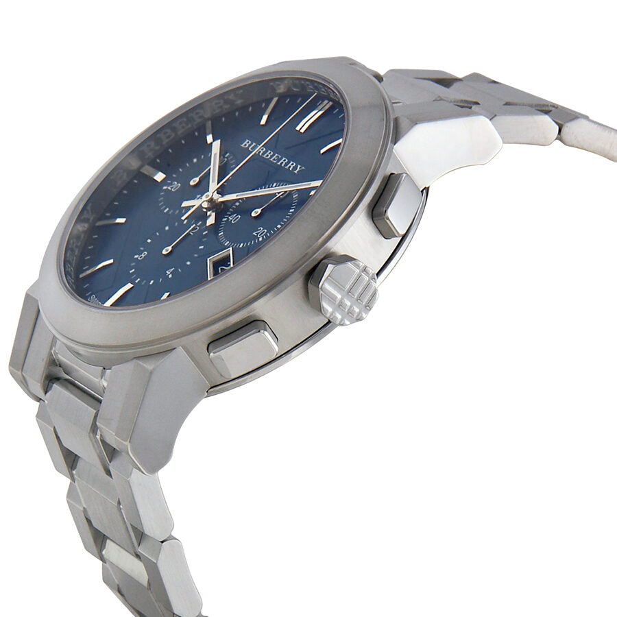 Side angle view of Burberry Chronograph watch showing stainless steel bracelet and case profile