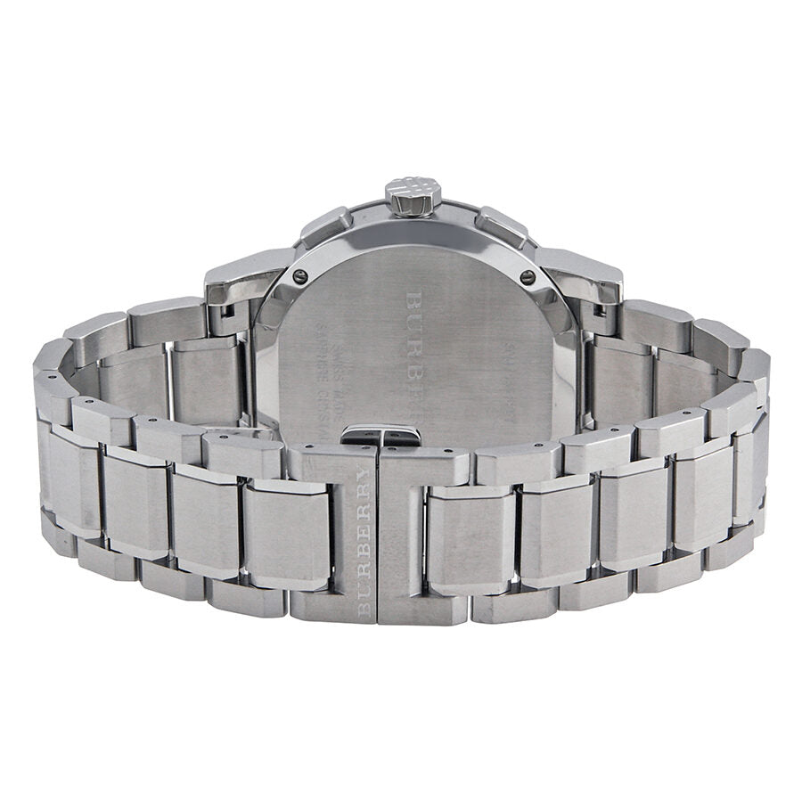 Burberry Chronograph watch caseback showing stainless steel with engraved details