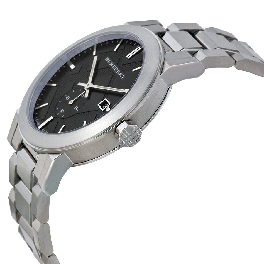 Burberry BU9901 watch shown at an angle displaying the case profile, stainless steel bracelet, and dark grey dial