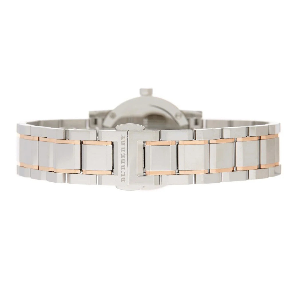 Burberry City Check watch caseback showing engraved logo on stainless steel case