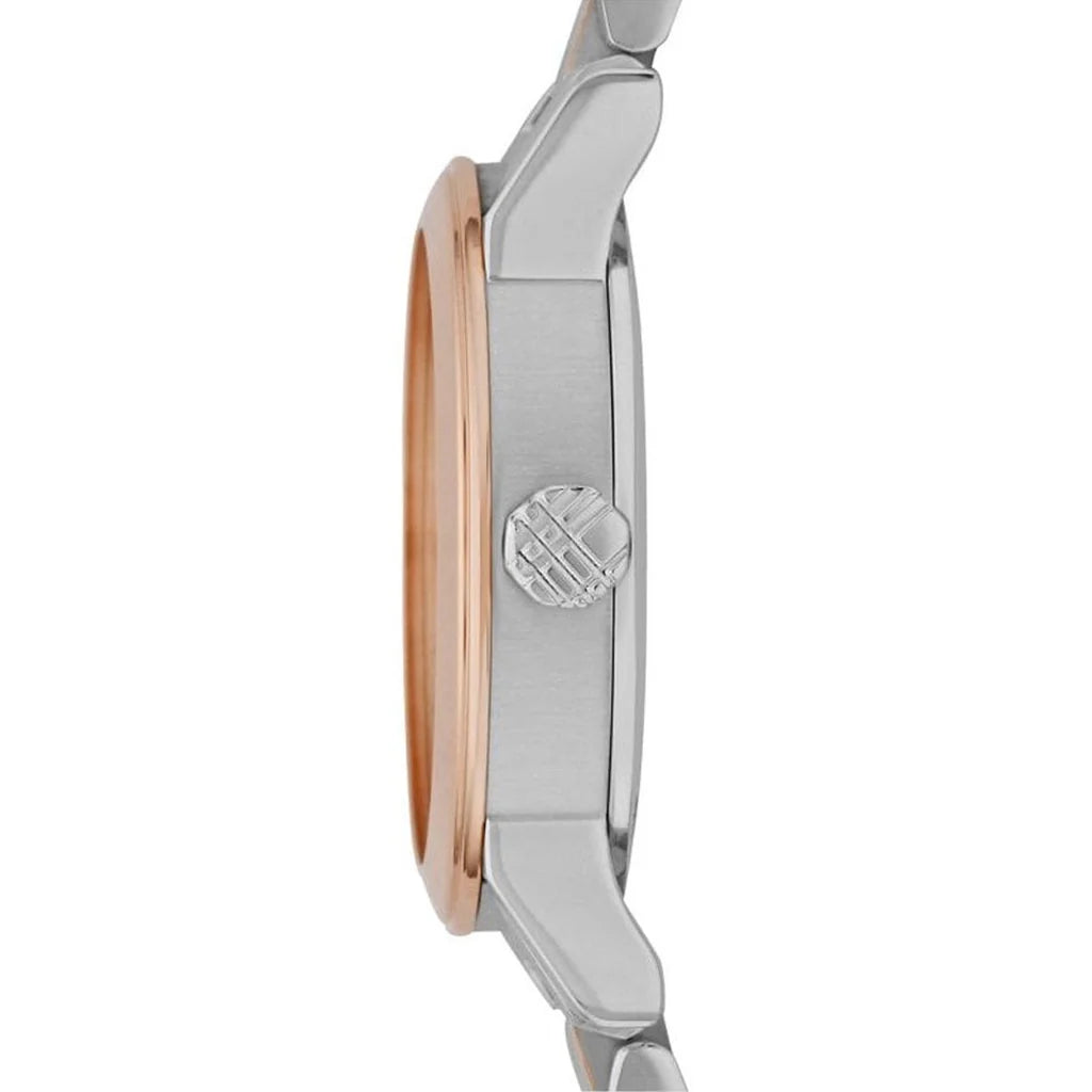 Side view of Burberry City Check watch displaying rose gold bezel and stainless steel case