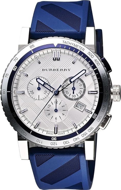 Burberry City Sport chronograph men's watch with stainless steel case, white dial, and blue rubber strap