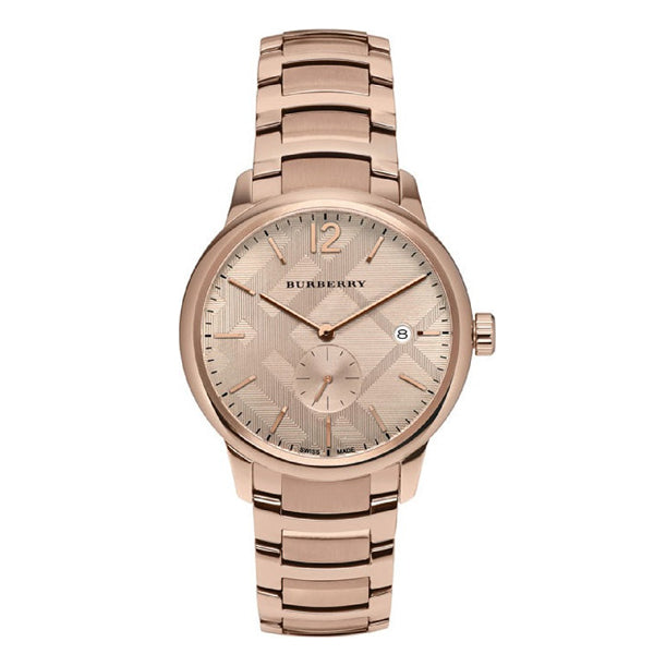 Burberry Classic rose gold women's watch with rose dial and strap, front view