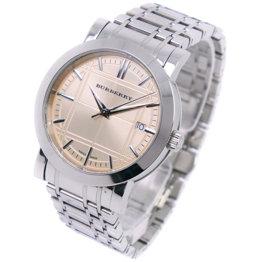 Burberry Heritage BU1352 watch worn on wrist with silver steel bracelet