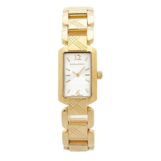 Burberry Heritage BU4213 watch front view showing rectangular silver dial and quilted gold bracelet