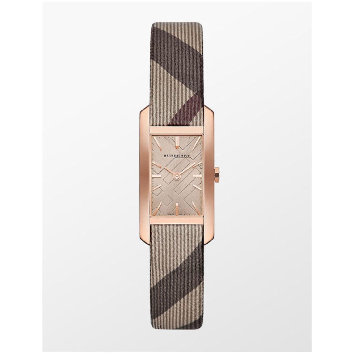 Burberry Heritage ladies watch BU9510 front view with rectangular face and striped strap